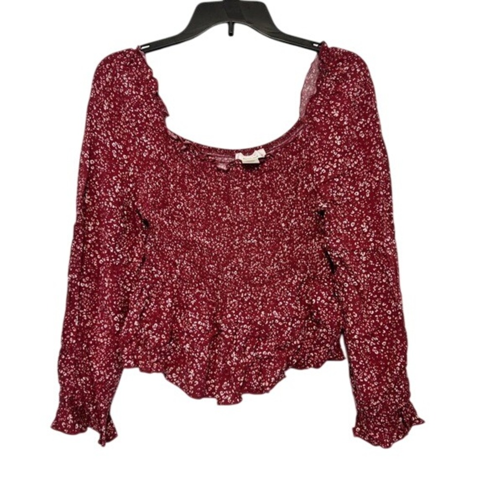 Urban Romantics Smock Top Womens Maroon Floral Blouse Long Sleeve Off Shoulder M